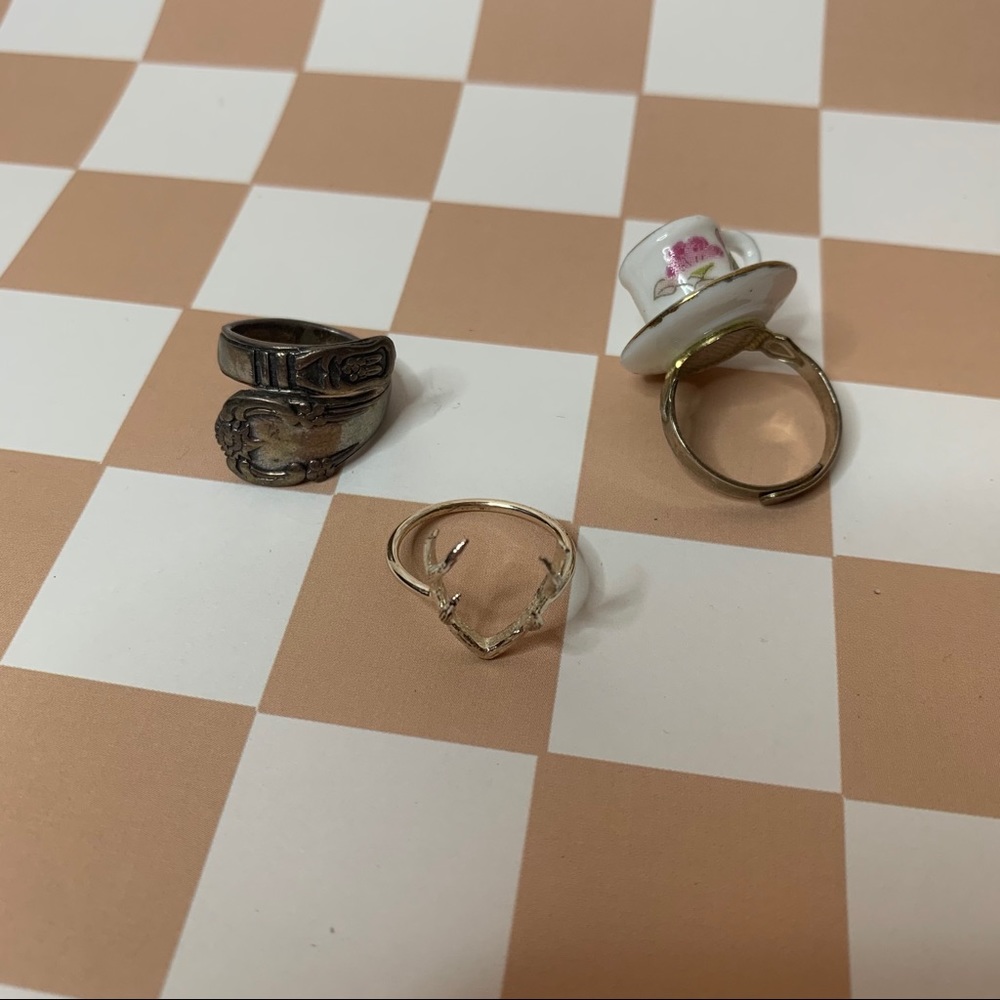 spoon, teacup and deer antler rings